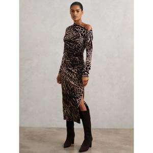 REISS Briana Velvet Leopard-Print Midi Dress